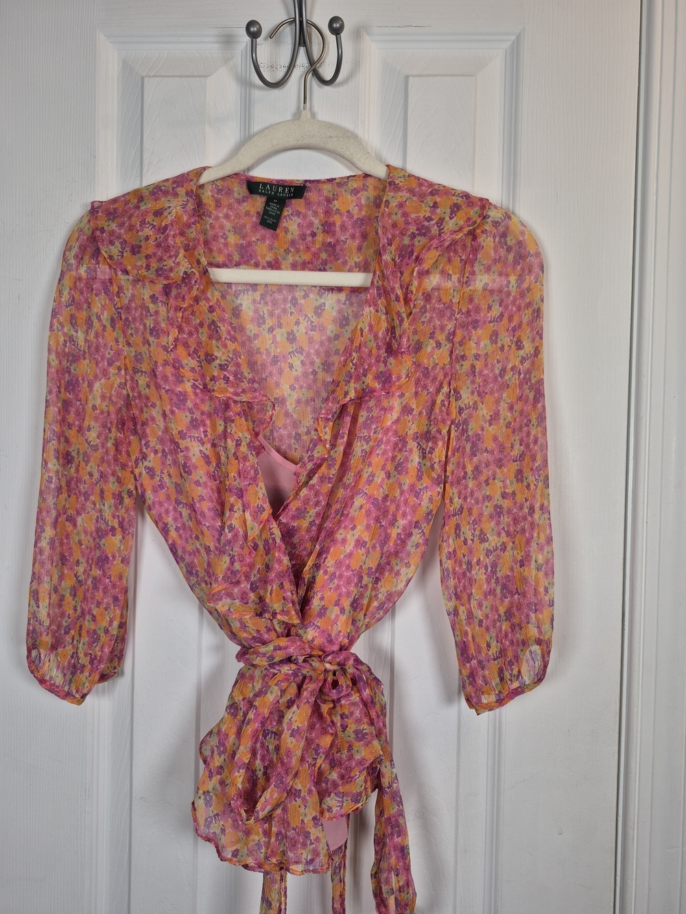Lauren Ralph Lauren Vintage Silk Chiffon Ruffle Wrap Blouse Floral Pink M